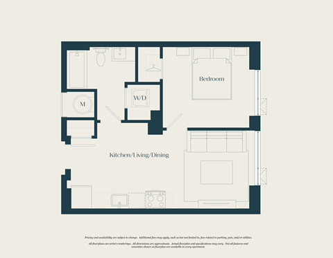 Floor plan for 1 bed, 1 bath, 506 sqft
